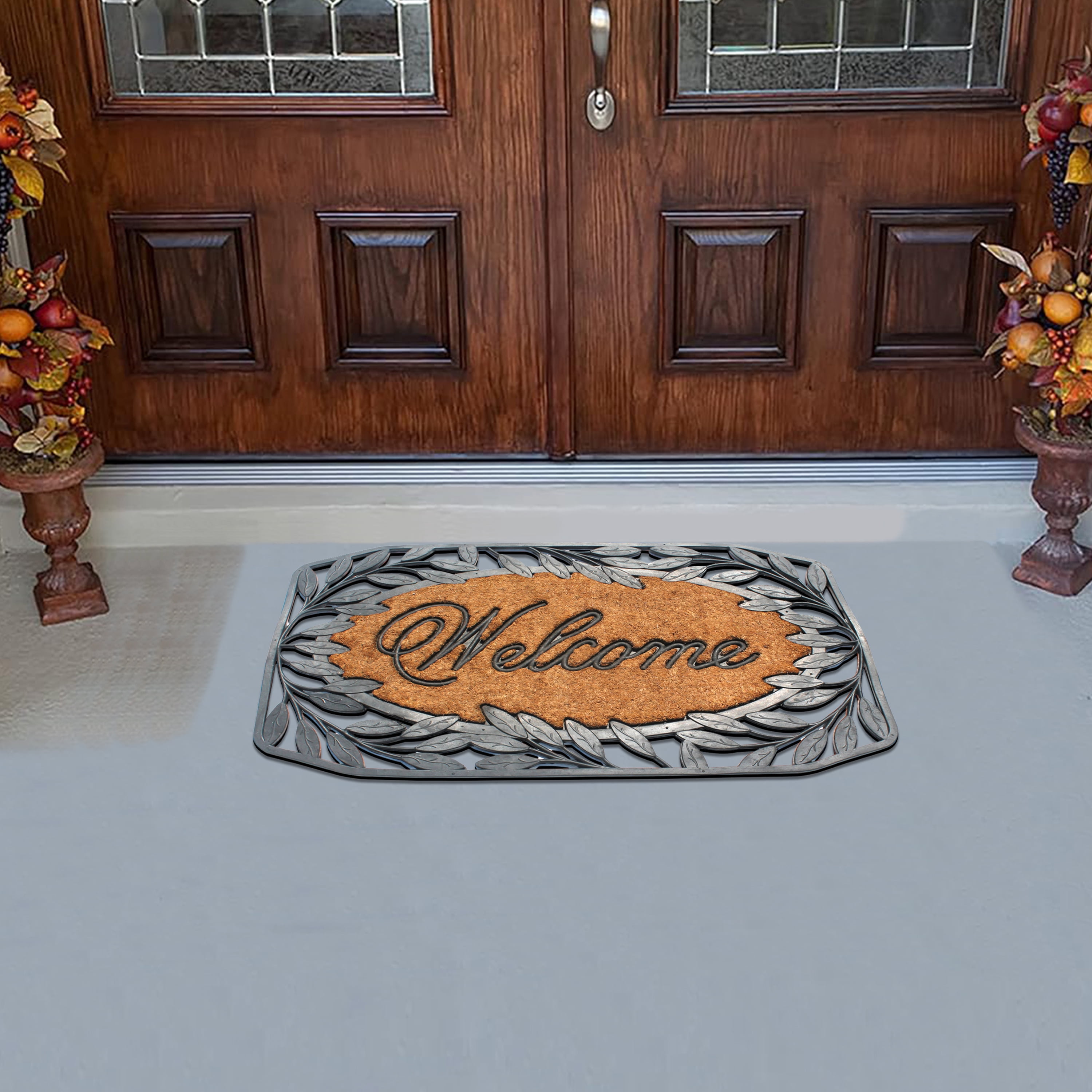 A1 Home Collections 38"×23" Natural Coir & Rubber Doormat - Decorative Welcome Design, Heavy Duty Coconut Fiber Entry Mat with Non-Slip Backing - Anti-Shed Treated, Low Profile Outdoor Front Door Mat