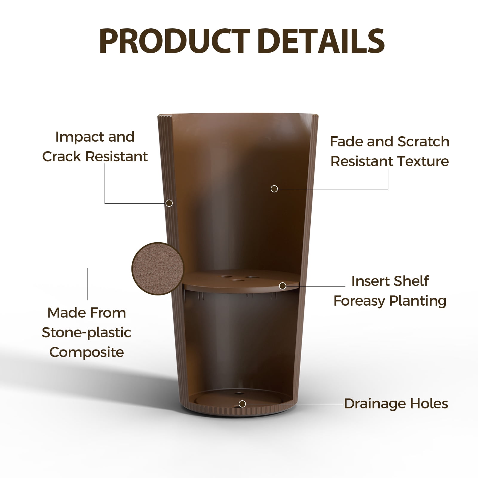 Chiccushion Tall Round Planter Set of 2, 23.6 Inch Tall Decorative Planter Pots for Outdoor Indoor Garden Patio Front Porch, Brown