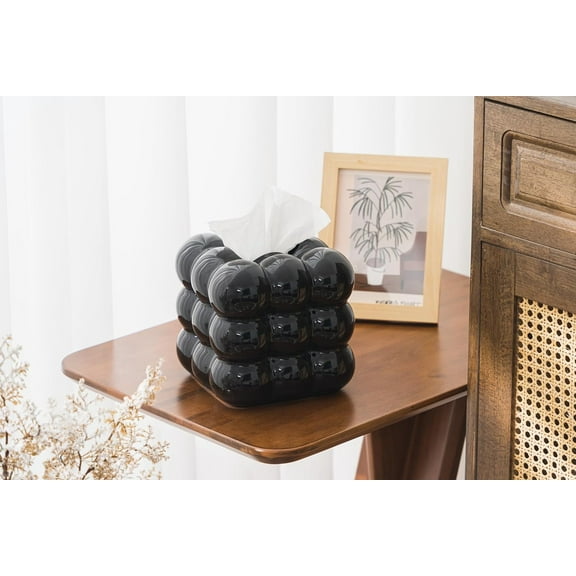 Ukwell Glossy Black Ceramic Tissue Box Cover Heavy Square Facial Tissue Holder Bubble Design Modern Decor Piece for Bathroom Bedroom Living Room