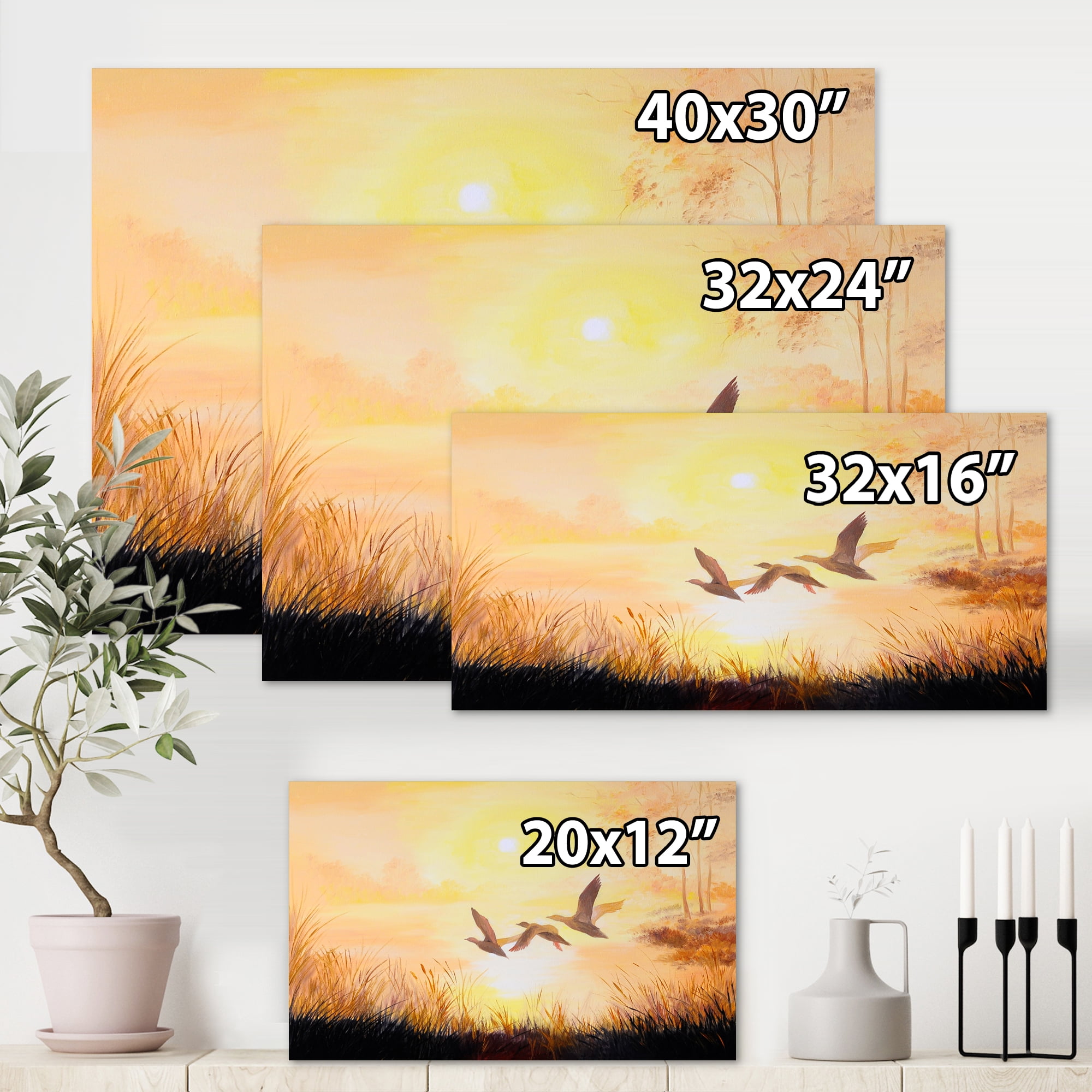 Designart ' Three Cranes Flying Through Warm Sunset ' Traditional Canvas Wall Art Print