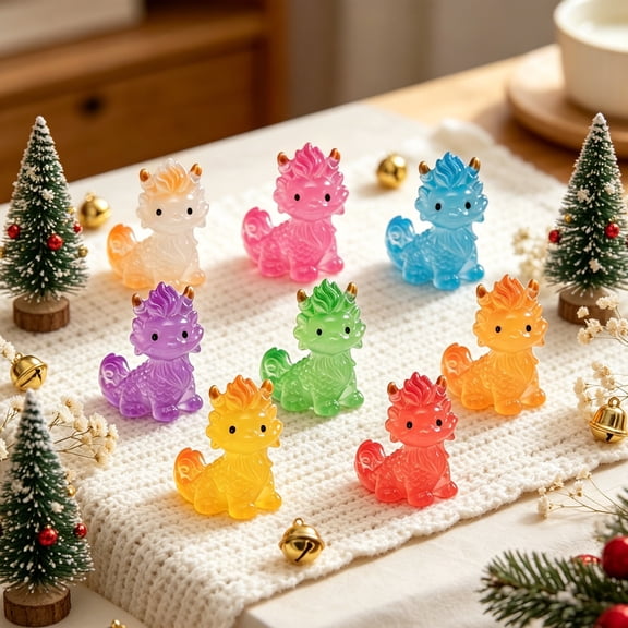KGJQ 8Pcs Mini Dinosaur Figures, Glow in The Dark Miniature Chinese Mythical Creature Statue, Tiny Resin Animals Ornaments for Fairy Garden, DIY Terrariums, Desktop Decor