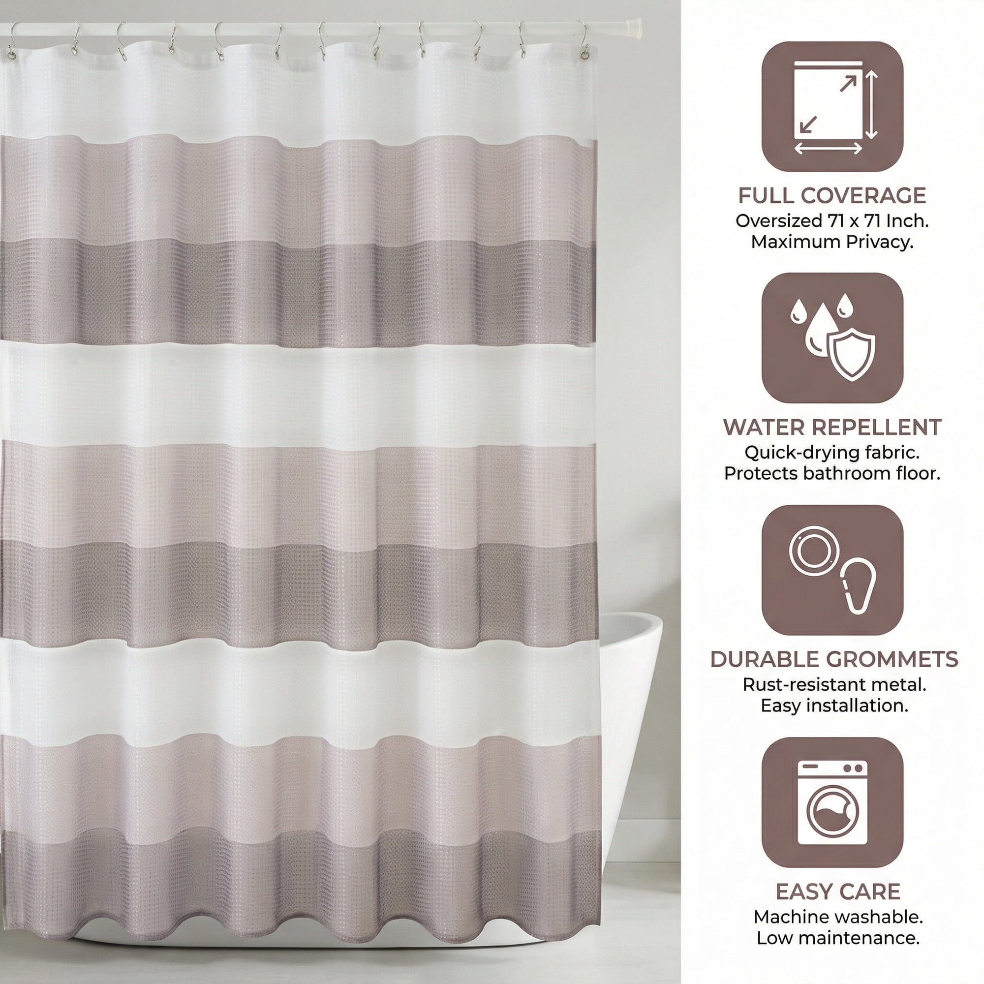 Unique Bargains Waffle Stripe Shower Curtain Sets with 12 Hooks Grey 71"W x 71"L
