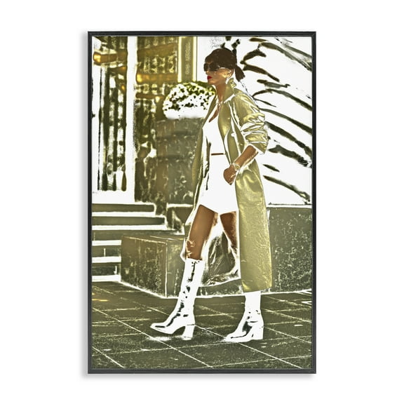 Stupell Industries Girl in Gold Trenchcoat People Painting Black Framed Art Print Wall Art, 12 x 18