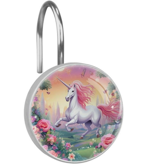 Unicorn Shower Curtain Hooks （Set of 12） for Home Hotel Shower Rods Bathroom Crystal Glass Print Stainless Steel Round Curtain Hooks