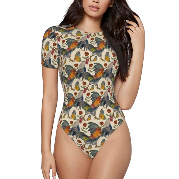 Fotbe Multi-Colored Roosters Body de Mujer con Cuello Redondo y Mangas Cortas, Sin Mangas Ajustado, Suave, Cómodo y Básico-Large