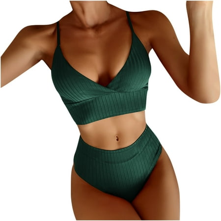 

VKEKIEO Two-Piece Sets Swimsuit Sport Bra Style Padded Green M