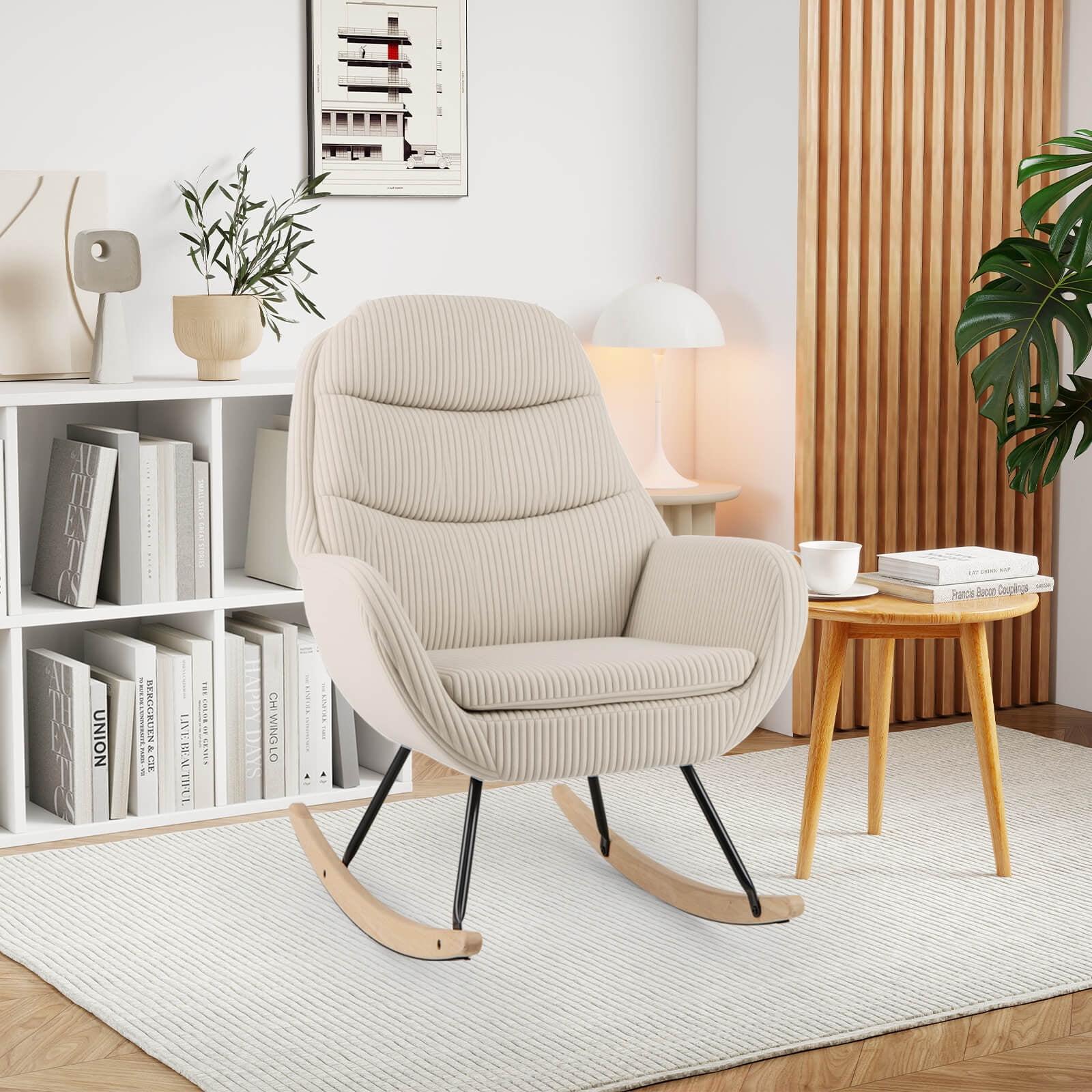 Costway 1 PCS Upholstered Rocking Chair with Padded Backrest & Seat Rubber Wood Feet Metal Frame