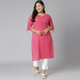 thumbnail image 3 of XL LOVE by Janasya Indian Plus Size Round Neck 3/4 Sleeve Woven Design Pink Cotton Kurta For Women, 3 of 7