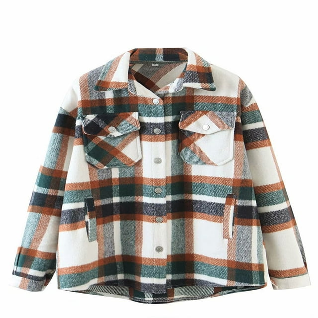 Women Long Sleeve Loose Spring Fall Shirts Coat Girl Plaid Wool Buttons With Pockets Jacket Dark Green L