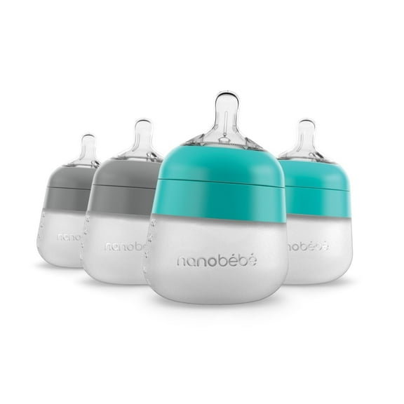 Nanobb Flexy Silicone Baby Bottle, Anti-Colic, Natural Feel, Non-Collapsing Nipple, Non-Tip Stable Base, Easy to Clean 4-Pack, Grey/Teal, 5 oz