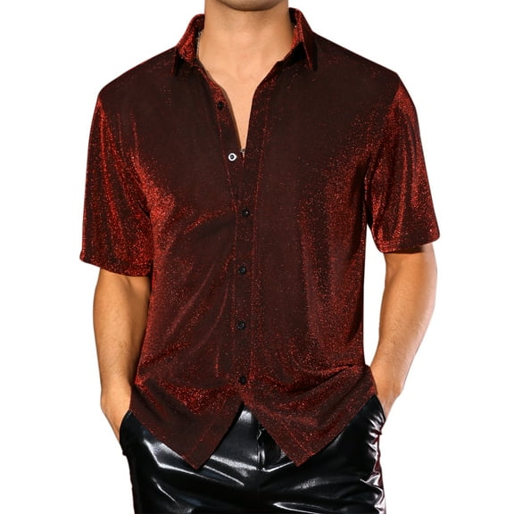INSPIRE CHIC Glitter Sheer Shirt for Men's Shiny Mesh Short Sleeve Top Party Metallic Shirts S Red