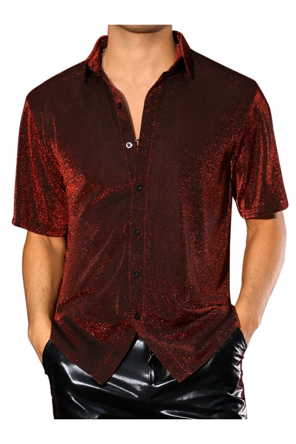 Glitter Sheer Shirt for Men's Shiny Mesh Short Sleeve Top Party Metallic Shirts 2XL Red