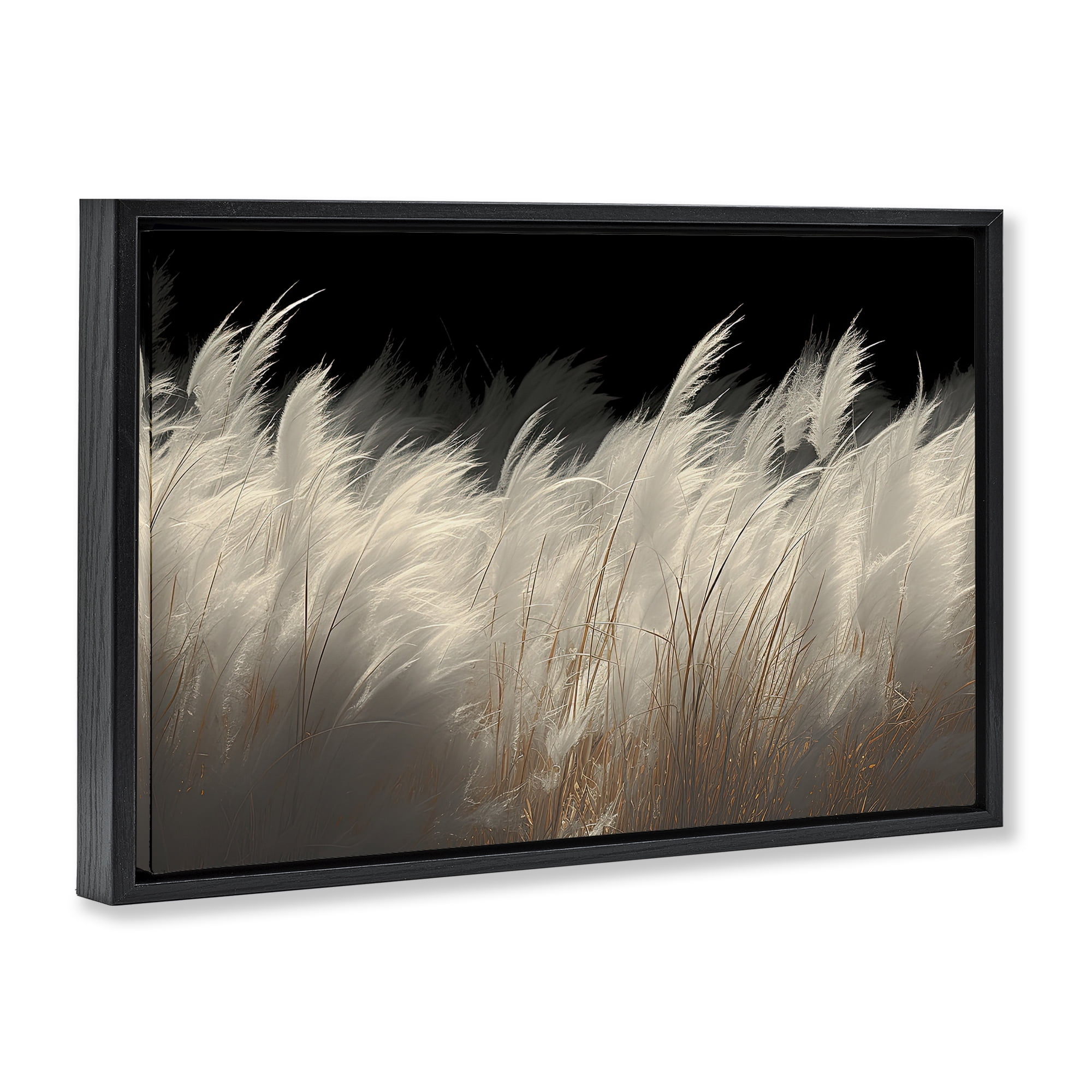 White Feathers Windblown Grasses Black Framed Floater Canvas Wall Art, design by Decent Exposures