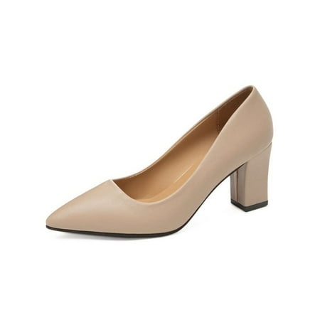 

Eloshman Women High Heels Slip On Dress Shoes Chunky Block Pumps Wedding Anti-Slip Pointed Toe Pump Breathable Fashion Shoe Apricot 5.5