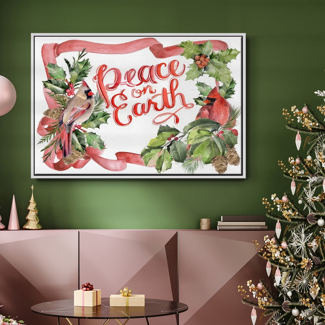 Cardinal Holly Christmas Collection A - Framed Gallery Wrapped Holiday Canvas - 27 x 41 - White Frame