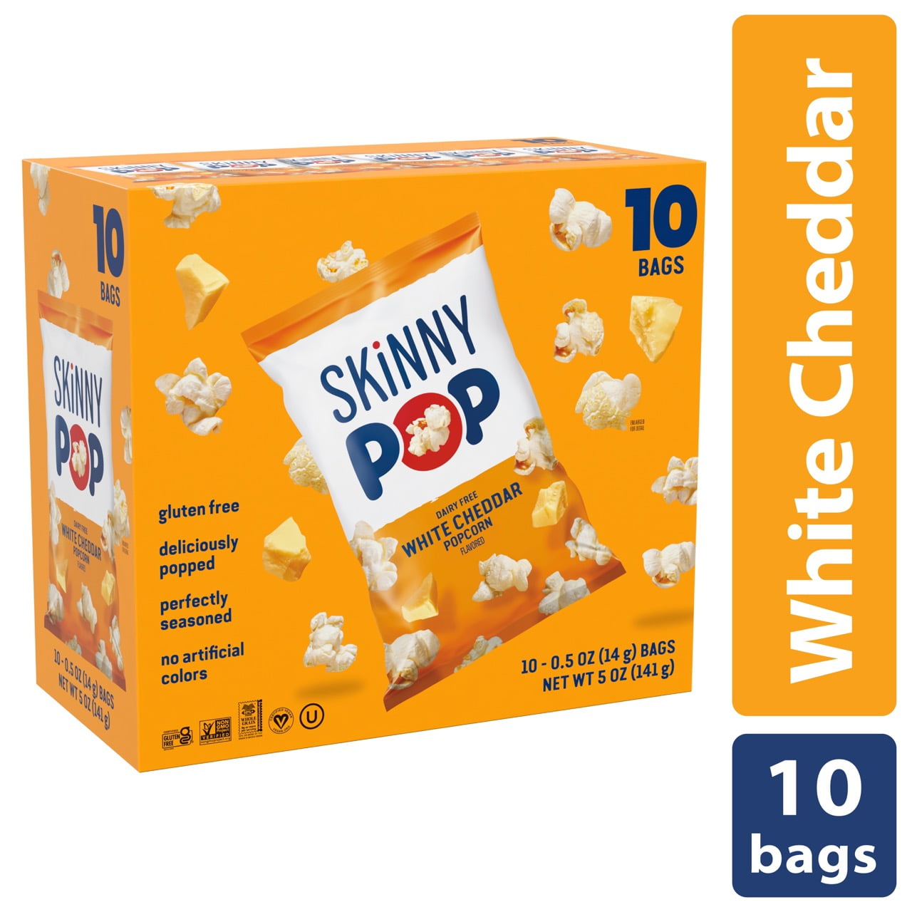 (4 pack) SkinnyPop Dairy Free White Cheddar Popcorn, 0.5 oz Snack-Size Bags, 10 Count