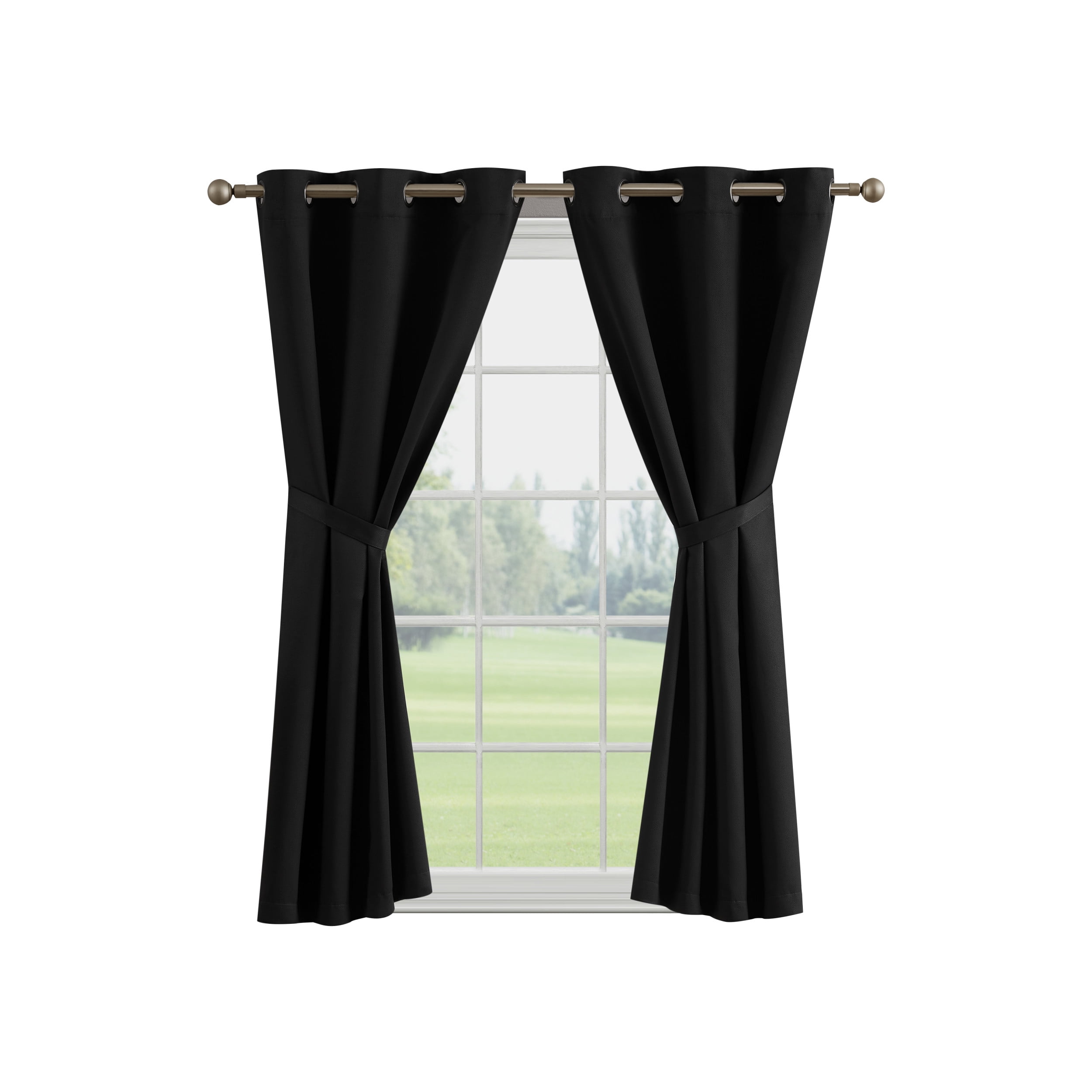 Black Embossed Thermal Woven Window Curtain Pair w Tiebacks, 38x63, Jasper