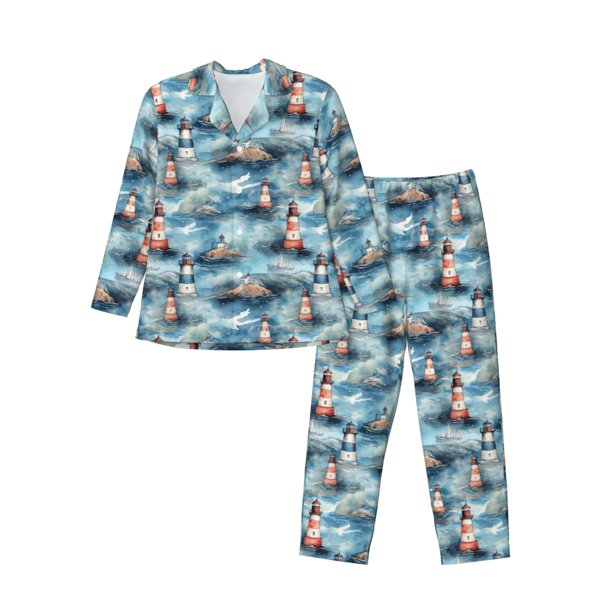 Fotbe Sea Marine And Lighthouse Pijama de Hombre con Estampado de Manga Larga, Conjunto de 2 Piezas, Ropa de Dormir Suave y Cómoda con Bolsillos-Large