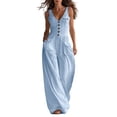 thumbnail image 3 of VBVC Women's Cotton-Linen Cargo Jumpsuit,V-Neck Button Down Romper For Women,Ladies Summer Sleeveless Wide Leg Outfit Set with Pockets,Light Blue,S-2XL, 3 of 8
