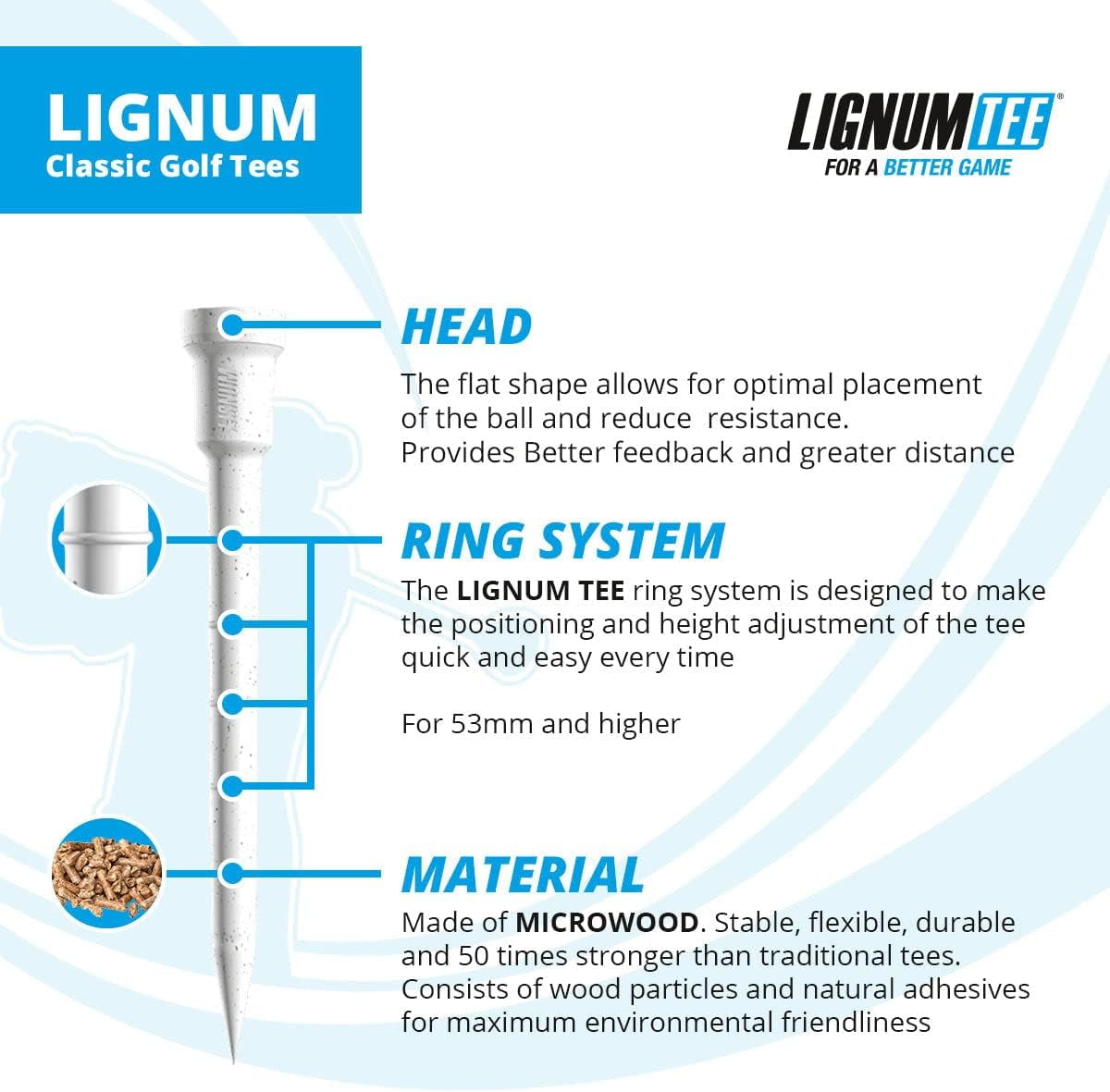 LIGNUM Tee - Classic Golf Tees - White, 3.125"/82mm INKL.Boost Disc - 10+2 Pieces/Bag, Anti Spin Head, Bio Based Microwood, 50x Durable, Optimized