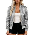 thumbnail image 7 of Stichou Bomber Jacket for Women Trendy Sparkly Coats for Nights Going Out Casual Spring Fall Outerwear Zip Up Gray XS, 7 of 7
