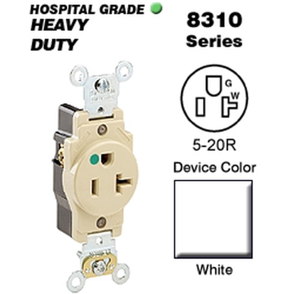 Leviton 8310-W Hospital Grade Single Receptacle, NEMA 5-20R, 125V, 20A, White