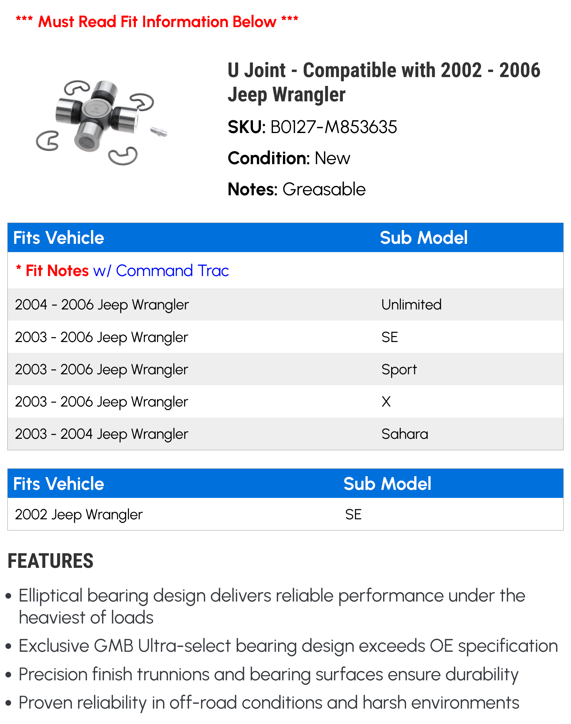 U Joint - Compatible with 2002 - 2006 Jeep Wrangler 2003 2004 2005