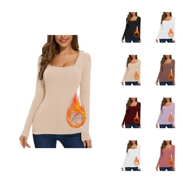 Chemises à Manches Longues pour Femmes 2026 Automne Hiver Basique Col Carré Ajusté Respirant T-Shirts