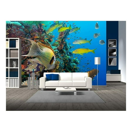 wall26 - Colorful Underwater Offshore Rocky Reef with Coral and sponges and Small Tropical Fish Swimming by in a Blue Ocean - Removable Wall Mural | Self-Adhesive Large Wallpaper - 100x144 (Best Tropical Fish For Small Tank)