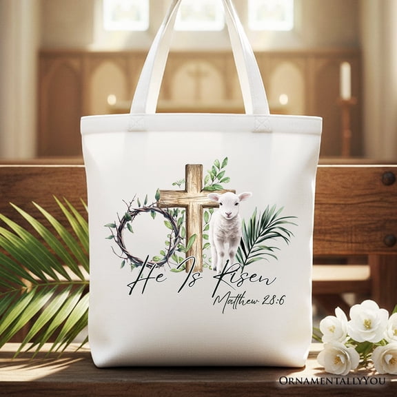 He Is Risen Lamb Cross Christian Easter Tote Bag, Bible Verse Matthew 28:6 Gift Shopper