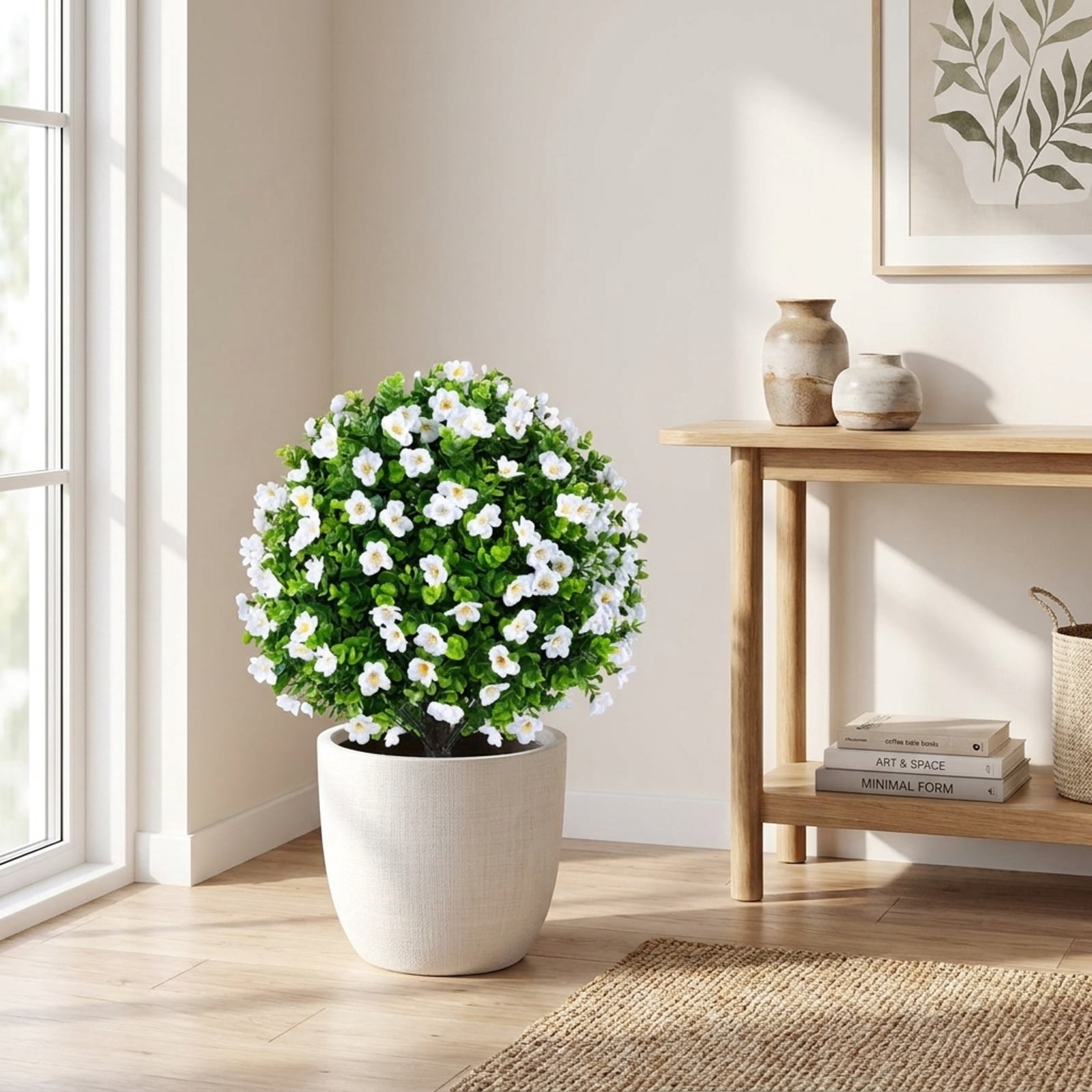 Vebreda Artificial Plant Decor, 2 Pack Artificial Eucalyptus Topiary Trees with Flowers and Cement Planter for Home, Lifelike Eucalyptus Bush