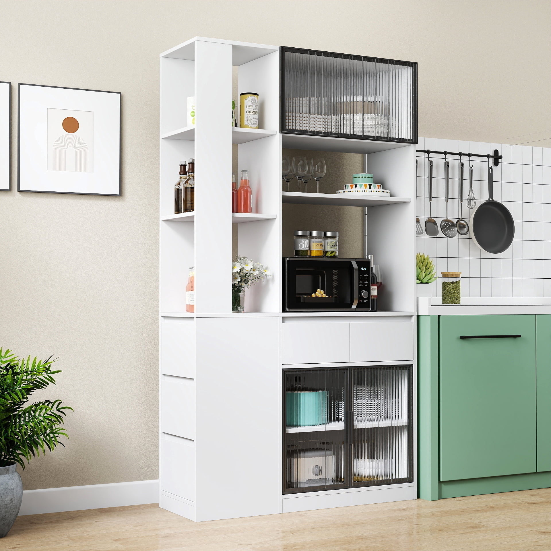 Mintazer 70.8" Tall Kitchen Pantry Storage Cabinet, Freestanding Food Pantry with Drawers & Fluted Glass Doors for Hallway Living Room, White