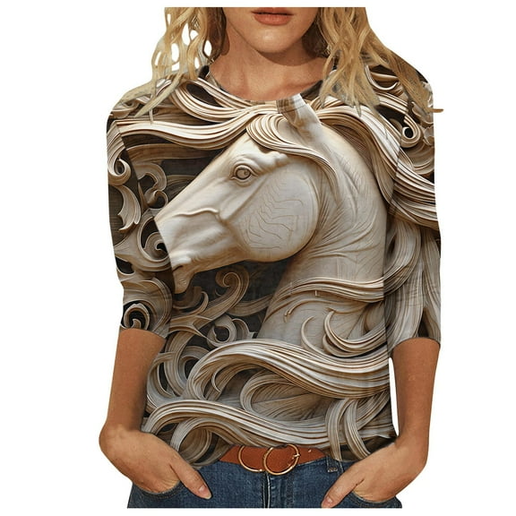 hxobax Womens Tops Trendy 3D Animals Print Tshirts Casual Crewneck 3/4 Sleeve Shirts Cute Basic Tees