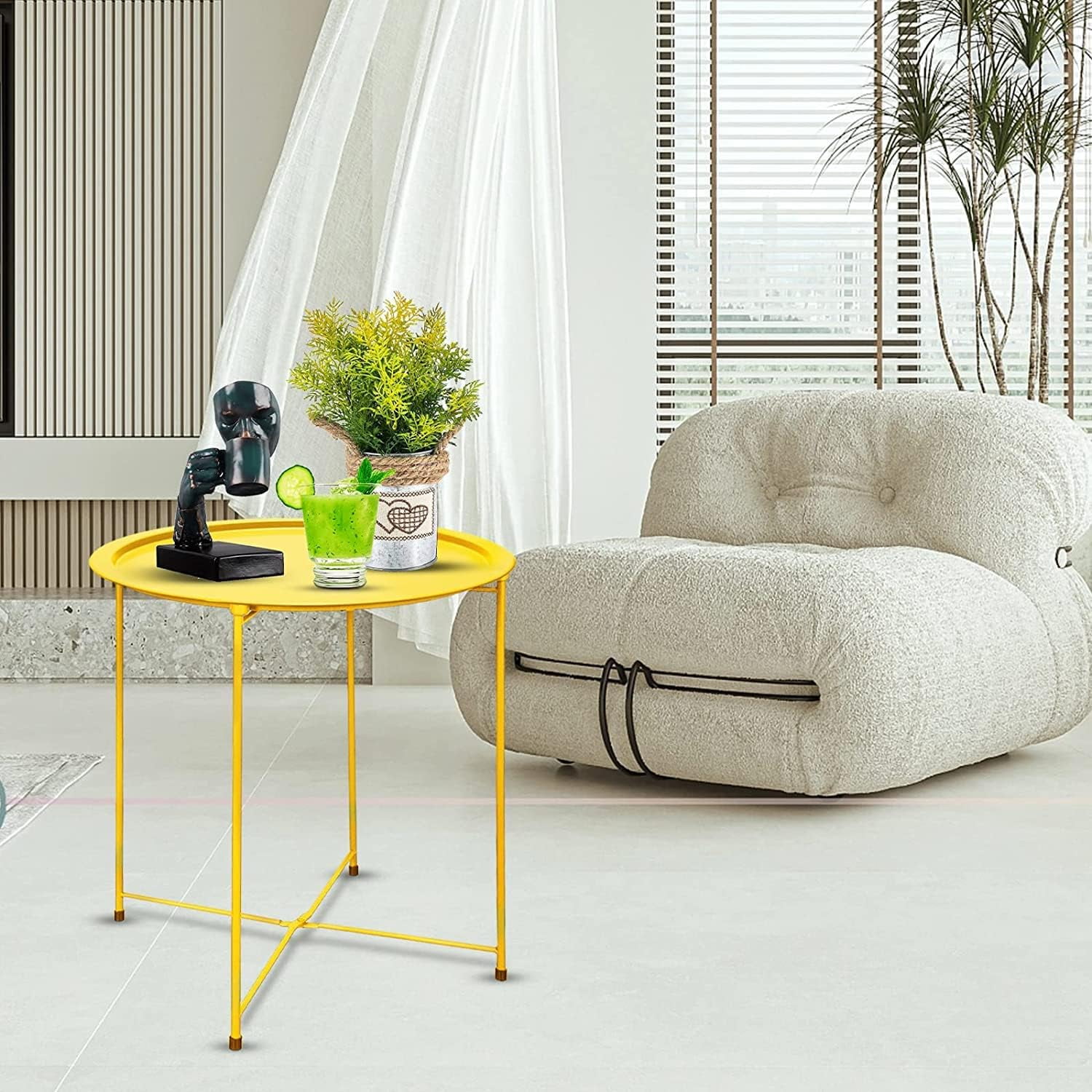Folding Tray Metal Side Table 2PC Yellow Round End Table Cyan Sofa Small Accent Fold-able Table, Round End Table Tray, Next to Sofa Table, Snack Table for Living Room and Bed Room