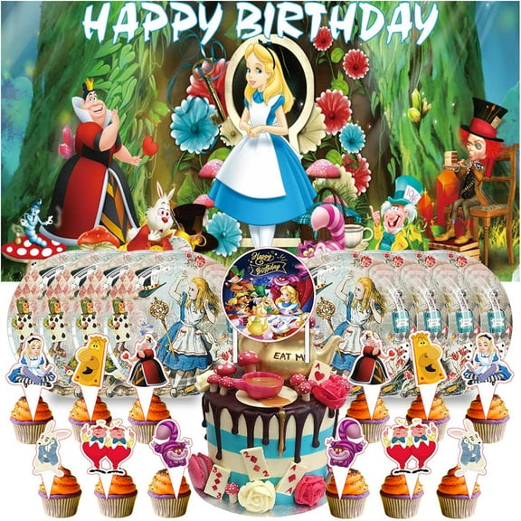 Alice in Wonderland Plates Birthday Supplies Decorations Decor Backdrop Banner Cake Topper Fans
