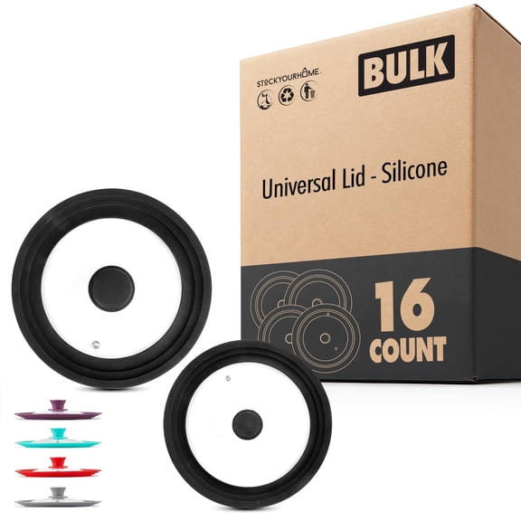 Universal Lids Set of 16 Fits 7 to 12 Inch Cookware, Silicone Replacement Pan Lid, Glass Top Covers for Skillets, Pots, Frying Pans, Cast Iron, Black 16 Pack