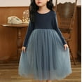 thumbnail image 3 of Kids Girls Cotton Dress Tulle Long Sleeve Dresses Crewmeck Flowy Fluffy Tutu Spring Casual Dress, Blue, 12 Years, 3 of 5