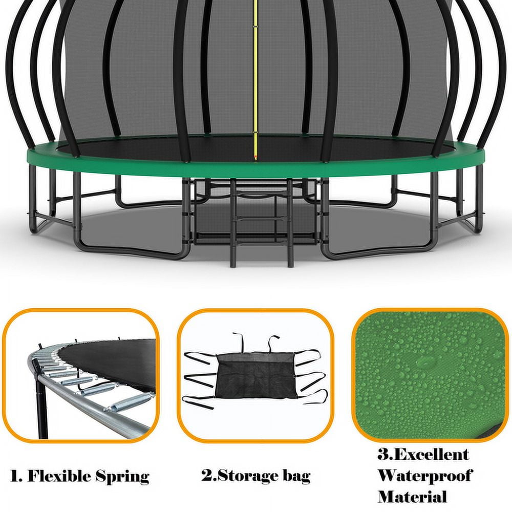 16FT Trampoline for Kids and Adults,Outdoor Pumpkin Trampolines with Curved Poles,Heavy Duty Trampoline with Ladder and Basketball Hoop,Green