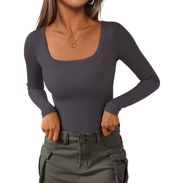 Remera PRETTYGARDEN de canalé manga larga con escote redondo XS Gris Oscuro