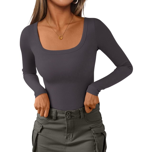 Remera PRETTYGARDEN de Canalé Manga Larga Cuello Redondo XL Gris Oscuro