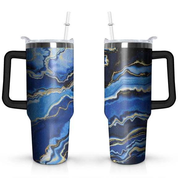 Bule & Gold Marble 40 OZ Tumbler Cup with Lid and Straw for Water Iced Tea Coffee Smoothie and More