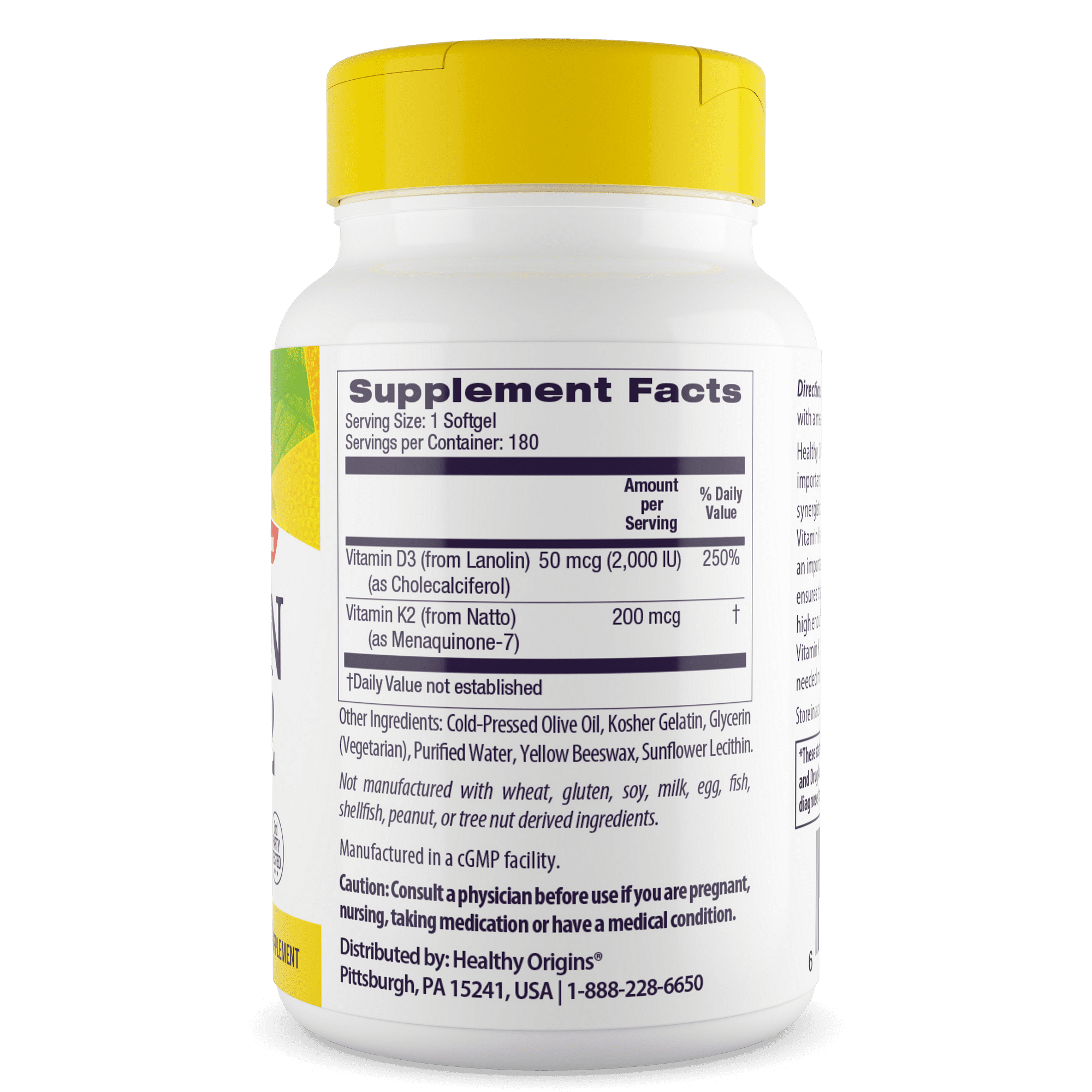 Healthy Origins Vitamin D3 2,000 IU (50 mcg) & K2 200 mcg (Non-GMO, 3rd Party Tested, Bone Support, Cardiovacsular Support), 180 Softgels