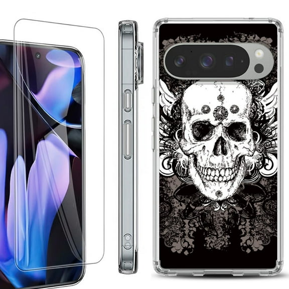 For Google Pixel 9 Pro XL Phone Case Cover, Shockproof Bumper Case with Tempered Glass Screen Protector, by OneToughShield - Grunge Skull