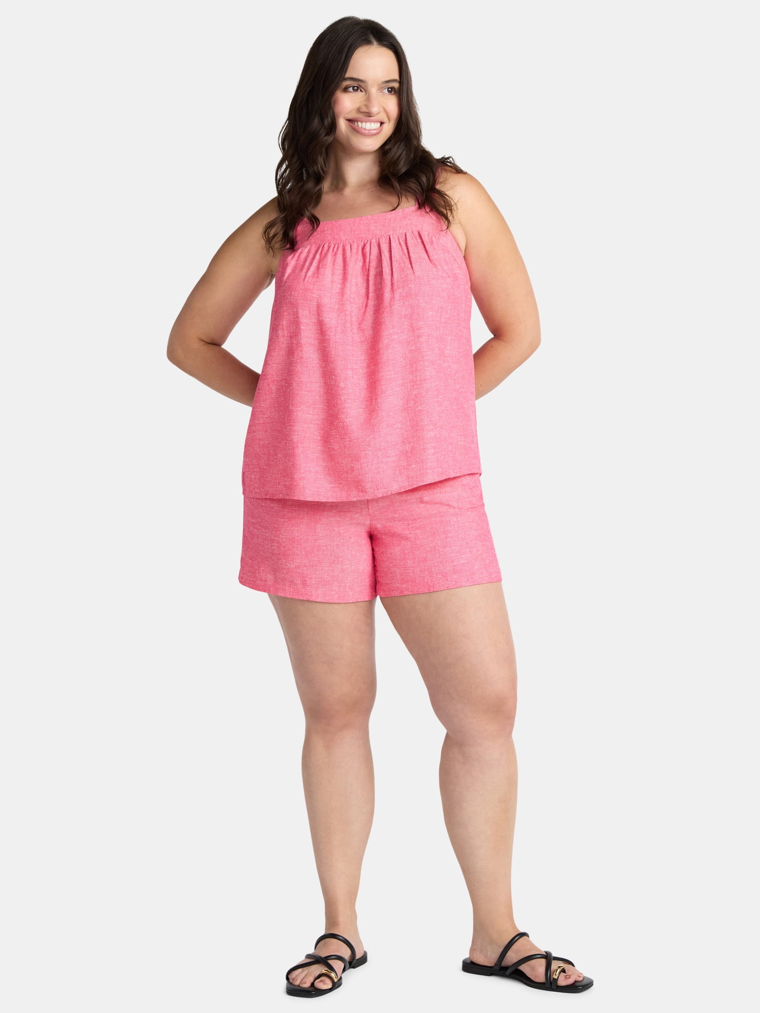 Time and Tru Women's Linen Blend Tank Top and Shorts Set, 2-Piece, Sizes XS-4X