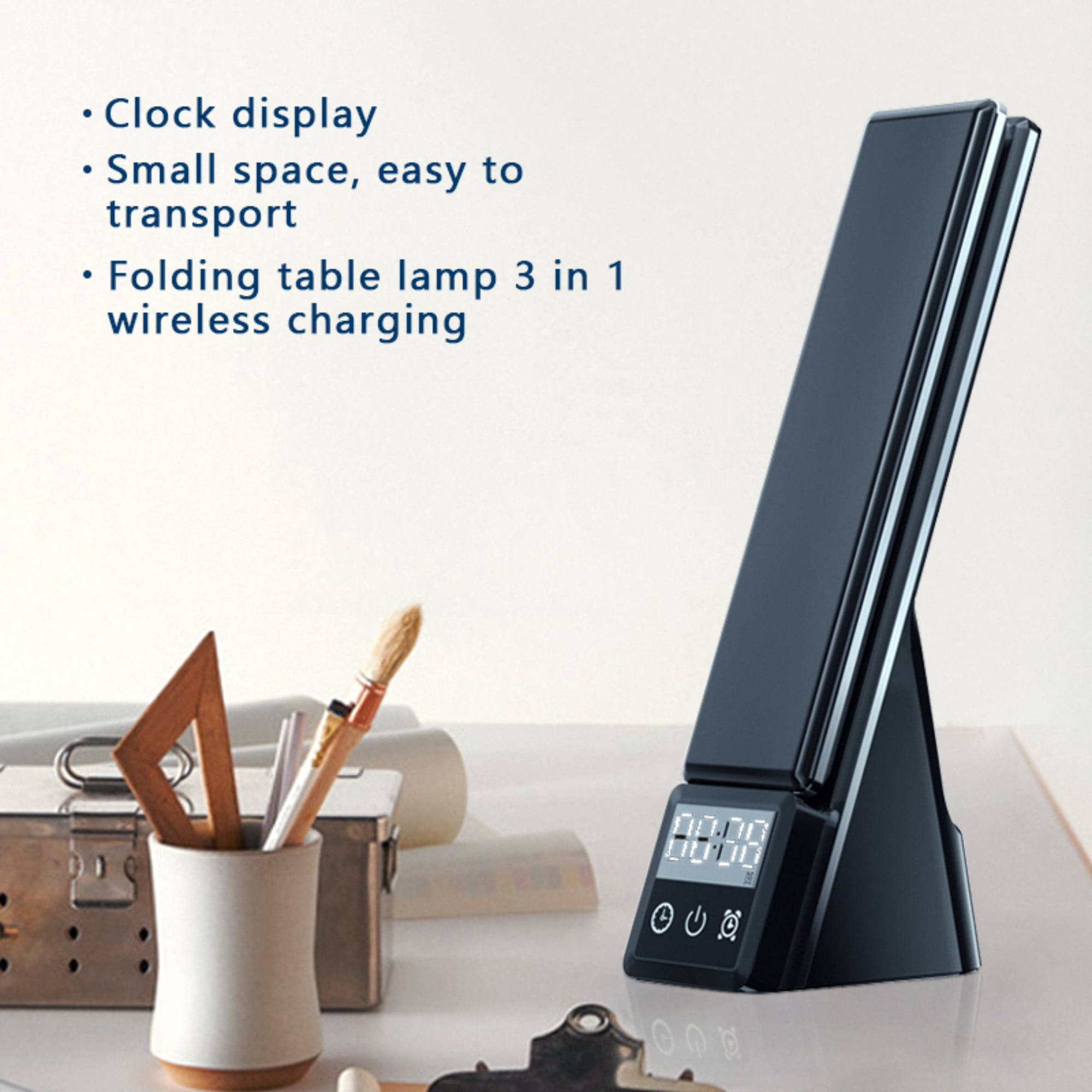 INSMART LED Desk Lamp with Wireless Charging,7-in-1 Touch Control Table Lamp,15W Fast Charging,Clock,Alarm,3 Modes,Dimmable Lights for Home Office,10.9In,Black