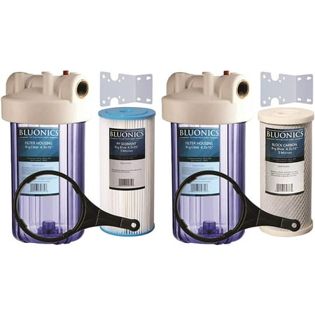

Two 10 Big Blue Whole House Water Filter w/Pleated Sediment & Carbon Filters ^ Clear Blue Transparent Housings