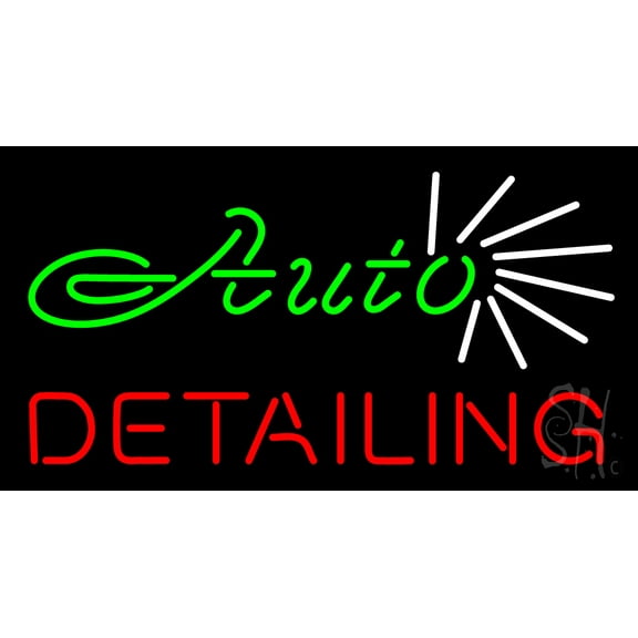 Green Auto Red Detailing LED Neon Sign 13 x 24 - inches, Clear Edge Cut Acrylic Backing, with Dimmer - Bright and Premium built indoor LED Neon Sign for automotive store, and mall.