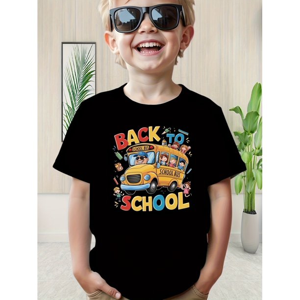 Youngsters' joyful School Day Graphic T-Shirt - Breathable, Machine Washable Summer Casual Tee with Colorful School Bus Print, Ideal Gift for Boys and Girls, Perfect for Back-to-School
