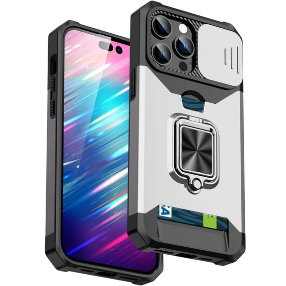 Designed for iPhone 15 Pro Max Case, with Magnetic Function & Credit Card Holder Stand Kickstand Heavy Duty Slim Shockproof Hybrid Rugged Drop Protective Cover for iPhone 15 Pro Max, Silver
