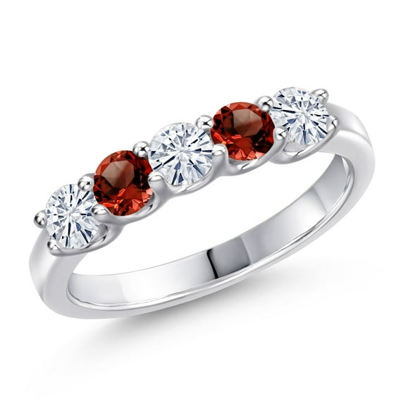 Gem Stone King 925 Sterling Silver White Moissanite and Red Garnet Wedding-Bands Ring for Women | 0.88 Cttw | Round 3.5MM | Gemstone Birthstone | Size 8